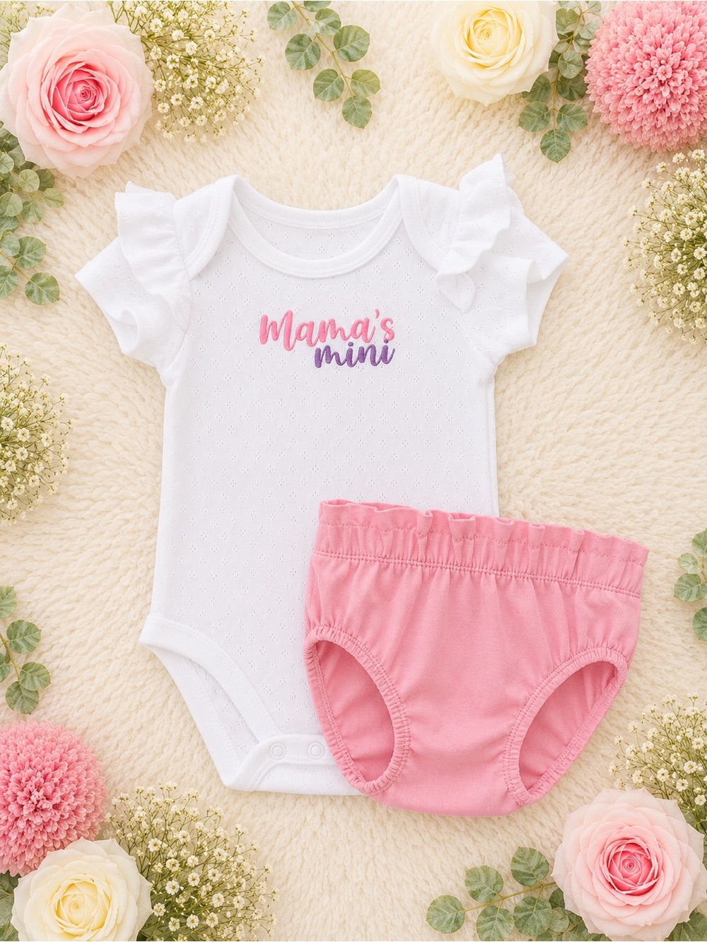 Mama's Mini White Ruffle Sleeve Bodysuit & Pink Bloomers Set